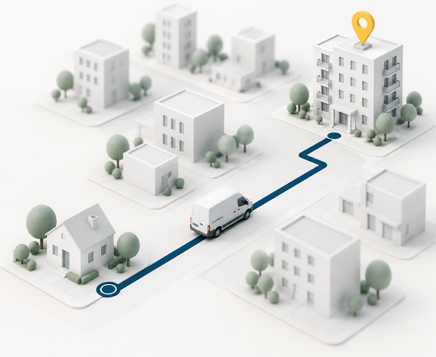 Miniature 3D city with a white moving van driving along a route to its destination